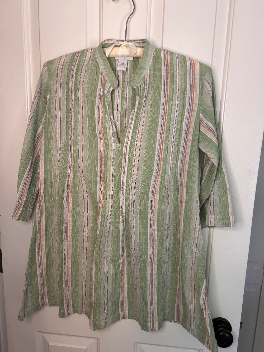Soft Surroundings Pintuck V-Neck Tunic Size XS Green Multi Stripe